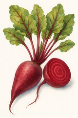 Bright red beet with green leaves and a cut section showing inner rings