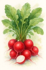 Freshly harvested radishes with vibrant green leaves on a light background