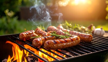 Grilled sausages with summer BBQ, and garden.