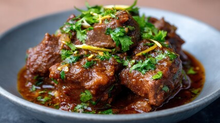 Savory Beef Stew Garnished With Fresh Herbs Served in a Modern Bowl
