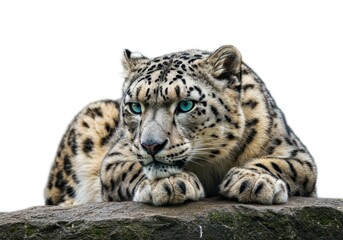 Obraz premium Leopard Lying Resting on Rock with Bright Blue Eyes in Studio Setting