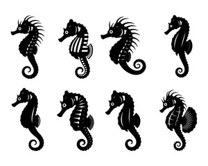 Vector art collection of eight black silhouette seahorse set illustrations, design templates. © designartwork28