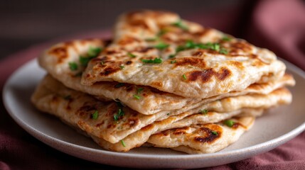 Delicious Warm Flatbreads Stacked on a Plate With Herbs