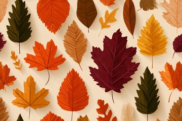 Obraz premium Colorful autumn leaves in various shapes and sizes on a light background.