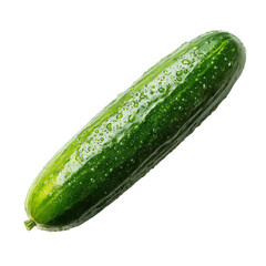 A single ripe cucumber with a vibrant bright green textured peel presented against a plain backdrop transparent background