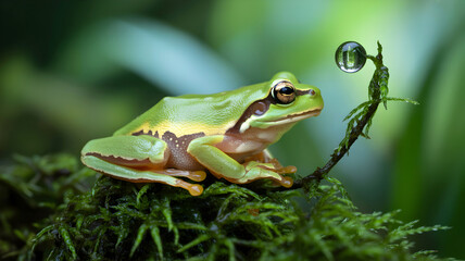 Naklejka premium Curious green frog perched on mossy branch observes a glistening water droplet