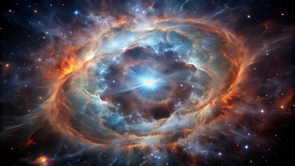Obraz premium A vibrant nebula with swirling clouds of blue and orange surrounding a bright central star system