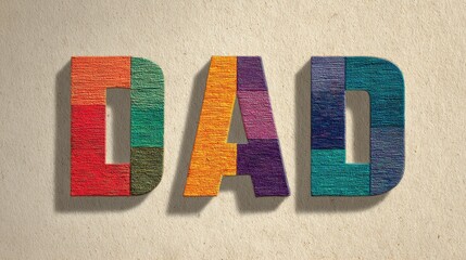 Wooden letter "DAD" with various colored blocks on a textured tan surface
