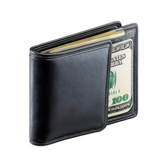 Naklejka premium A black leather bifold wallet filled with us dollar bills showcasing currency and financial wealth isolated on transparent background