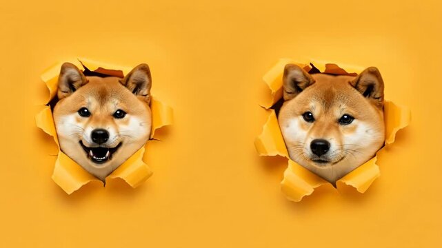 Playful Shiba Inu Dogs Peeking Through Torn Paper - Two adorable Shiba Inu dogs playfully peek through holes in a vibrant yellow background.