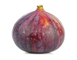 Ripe fig standing upright with textured skin on a white surface