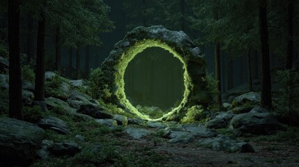 Mystic forest portal, glowing green
