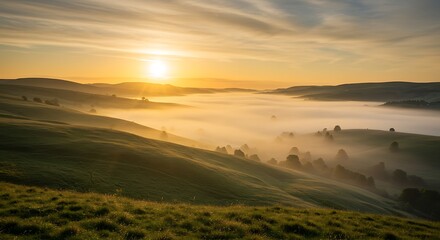 Obraz premium Breathtaking sunrise over a tranquil valley filled with morning fog, illuminating the rolling green hills with golden light