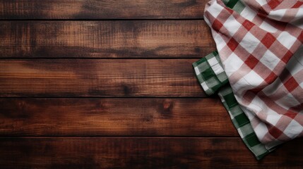 Top View of Rustic Kitchen Table with Brown Wooden Surface and Red Towel. Clean Space for Design Mockup