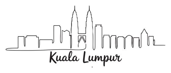 Naklejka premium Single continuous line drawing of Kuala Lumpur city skyline, Malaysia. Famous city landscape. World travel concept home wall decor art poster print. Vector black silhouette. with white background