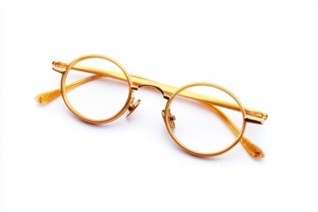 Chic Folded Female Eyeglasses in Golden Frame with Temples Tucked on Pure White Background