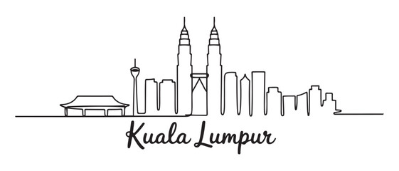 Obraz premium Single continuous line drawing of Kuala Lumpur city skyline, Malaysia. Famous city landscape. World travel concept home wall decor art poster print. Vector black silhouette. with white background