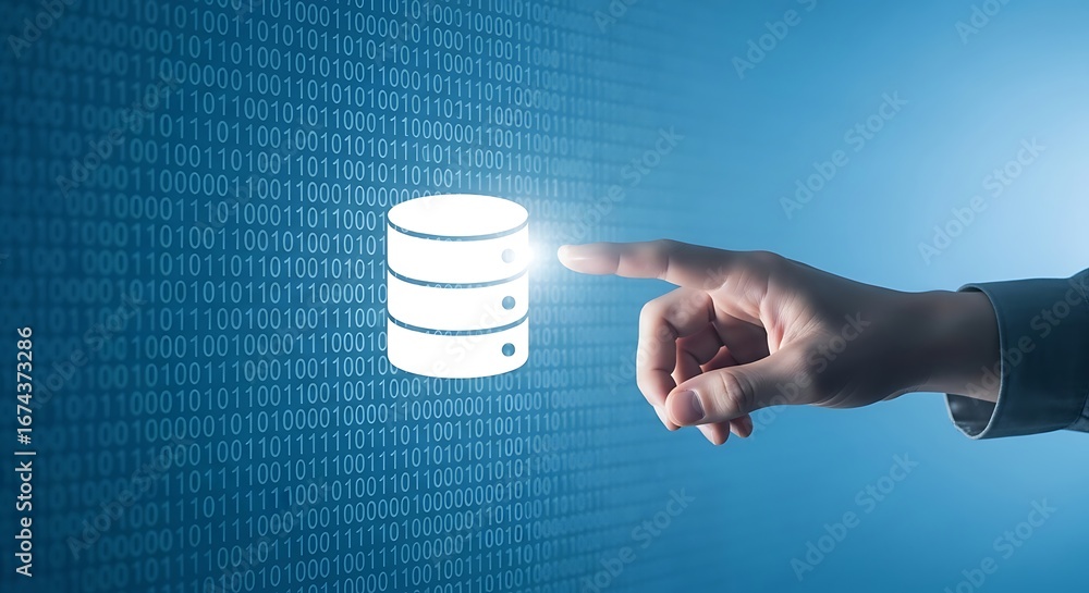 Poster human finger touching a glowing digital database icon against a background of binary code representi