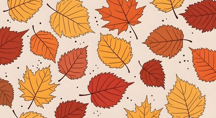 Obraz premium A vibrant and colorful pattern of autumn leaves in various shades of red, orange, and yellow, showcasing the beauty of the fall season with a charming handdrawn aesthetic