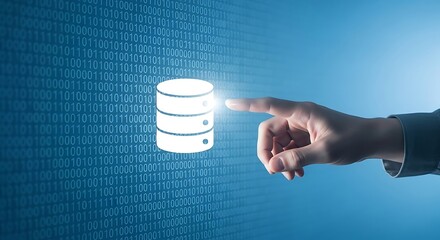 Human finger touching a glowing digital database icon against a background of binary code representing data storage and information technology