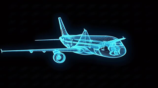 Blue Digital Airplane Outline Against a Black Background - Powered by Adobe