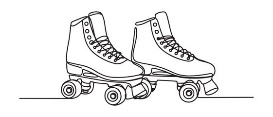 One single line drawing of pair of old retro plastic quad roller skate shoes. Trendy vintage classic sport concept continuous line draw. Vector black silhouette. with white background © Mofazzelh