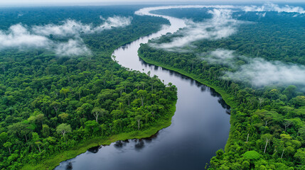 Fototapeta premium A winding river snakes through a lush green rainforest from an aerial perspective with morning mist rising above trees.