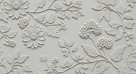 Fototapeta premium Intricate embossed floral pattern with delicate leaves and berries, creating a sophisticated and elegant texture on a neutral background