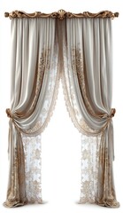 Elegant, light beige drapes with ornate gold trim and lace