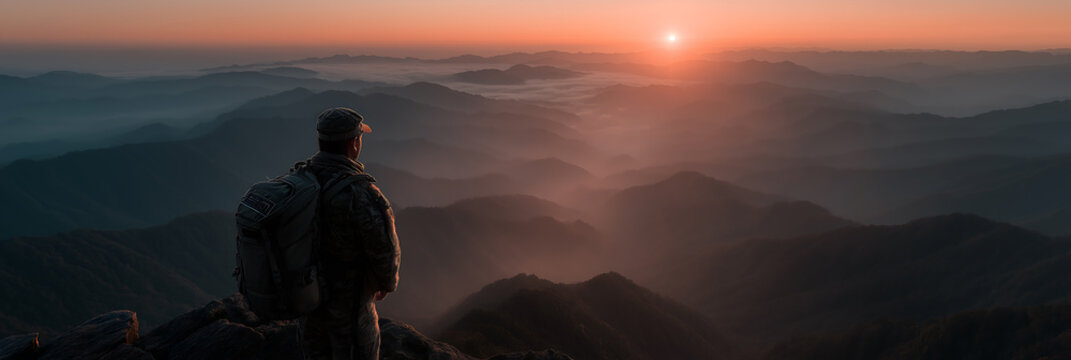 Hiking at sunrise man on mountain peak with backpack looking at view