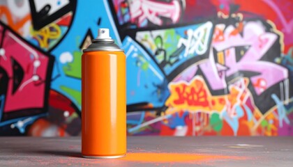 Orange spray paint can against colorful graffiti wall