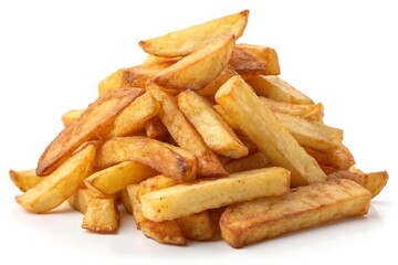 Pouring wonderful tomato ketchup over crispy French fries, cut out.