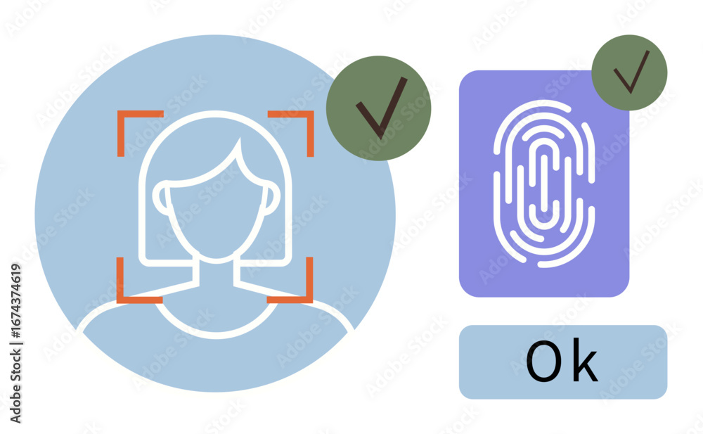 Poster face scanning with rectangular frame, fingerprint graphic, approval checkmarks, and ok label. ideal 