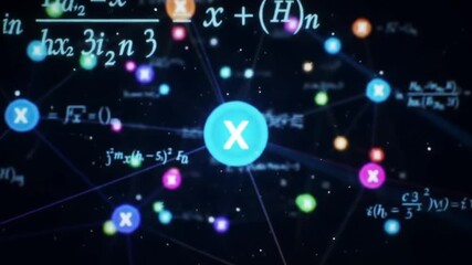 Abstract visualization of a complex computational network with glowing nodes and mathematical formulas illustrating scientific data analysis - Powered by Adobe