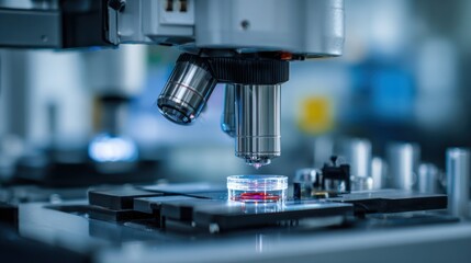 Fototapeta premium Automated spectrometry system with a robotic handler adjusting the instrument sharp focus on the sample holder while machinery fades into a smooth bokeh.