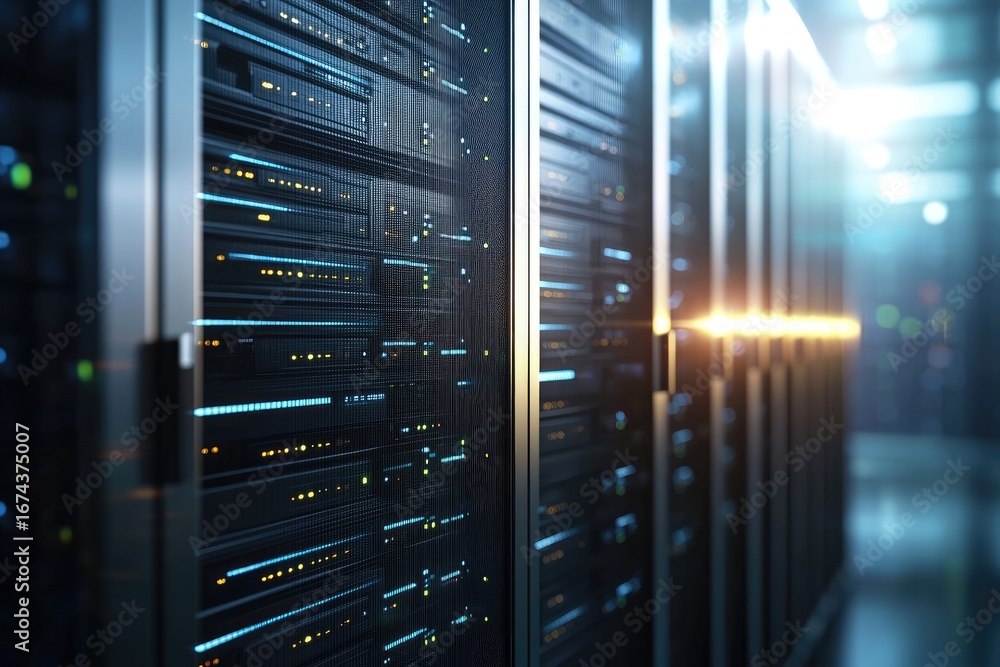 Poster close up of futuristic server racks in a modern data center with glowing lights, symbolizing cloud c
