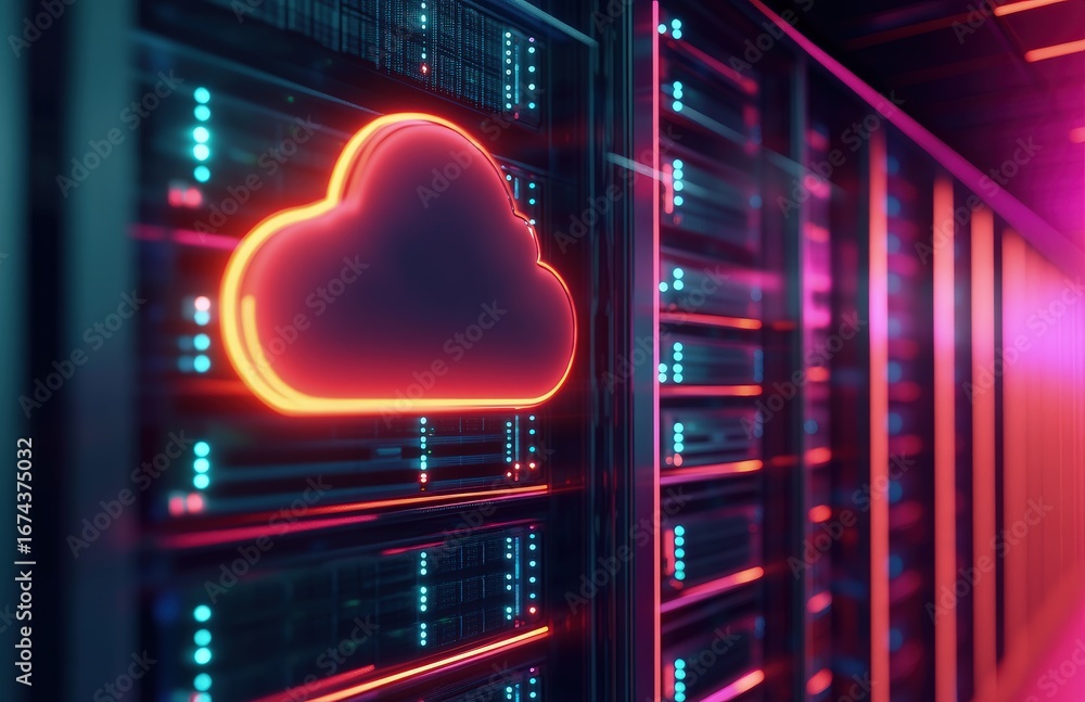 Poster neon cloud computing server room with futuristic data center technology, ideal for it, ai, cloud sto