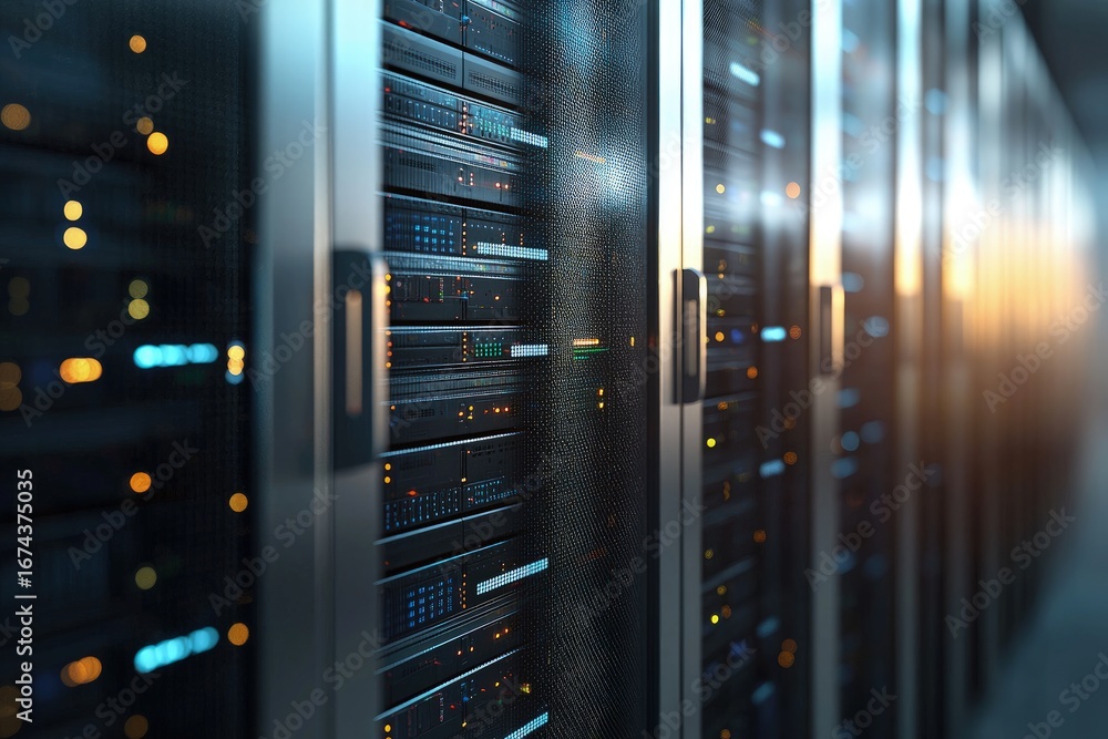 Poster close up of modern server racks in futuristic data center with glowing lights, symbolizing cloud com