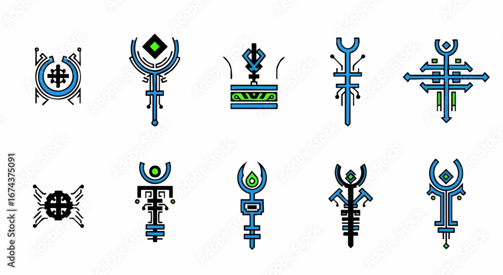 Poster geometric patterns in blue and green show a stylistic artistic design, which emphasizes creative com