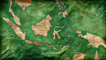 Vintage map of Southeast Asia.  Green-toned, textured, antique-style map, showcasing outlines of countries.  Faint, light tan/beige details