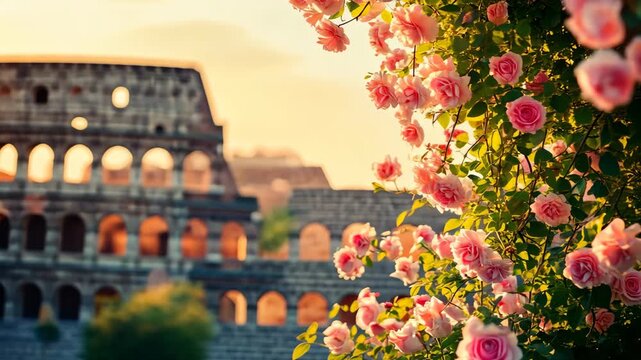 Colosseum against the background of flowering trees. Selective focus. Nature.