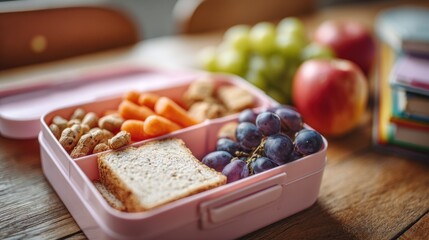 Medium shot of a childs lunchbox with allergyfree snacks in sharp focus while school environment fades softly emphasizing nutfree and allergensensitive diets.
