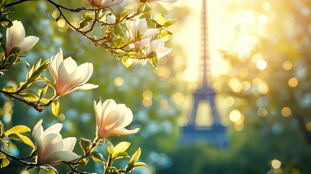 Eiffel Tower and Rose Flowers. Selective Focus. Nature.