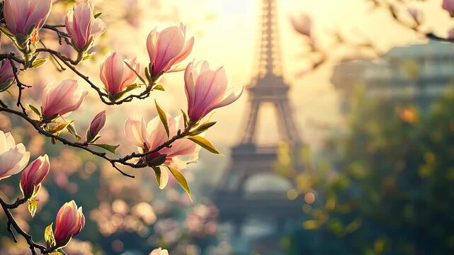 Eiffel Tower and Rose Flowers. Selective Focus. Nature.