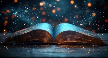 Illuminated Magic Book Displaying Colorful Sparkles, Inspiring Imagination and Skills Development on a Rustic Table