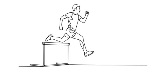 Single continuous line drawing of young happy health runner man jump running through hurdle barrier at run track. Run sport healthy lifestyle concept. Vector black silhouette. with white background