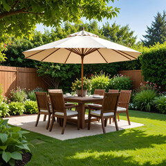 Outdoor dining table under umbrella