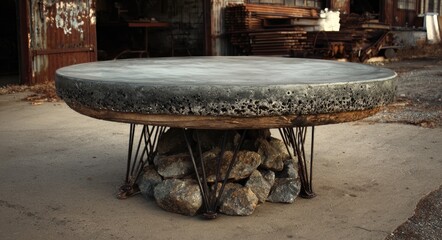 Industrial concrete coffee table on a stone base