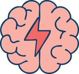This is a flat vector illustration of a human brain with a red lightning bolt through the center, symbolizing energy, ideas, or neurological activity.