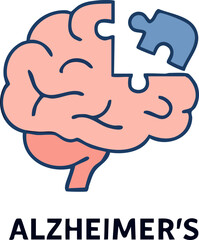This is a flat vector illustration of a human brain with a missing puzzle piece, symbolizing memory loss and Alzheimer's disease.